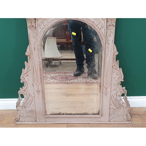 88 - A grey painted wooden framed Over Mantle Mirror with arched bevelled plate, 3ft 6