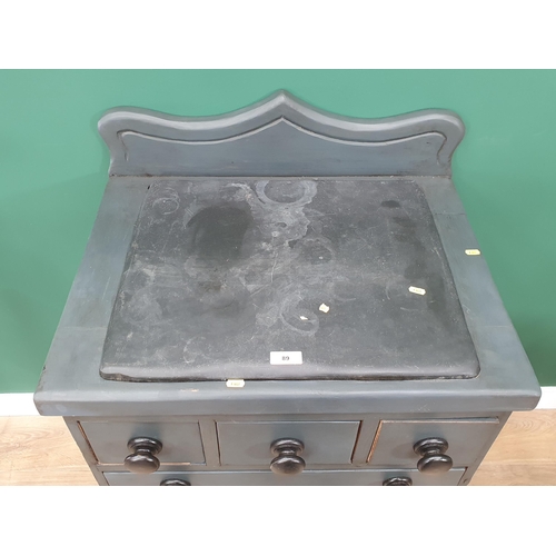 89 - A painted pine slate topped Kitchen Prep Table with raised and shaped gallery back, fitted four draw... 