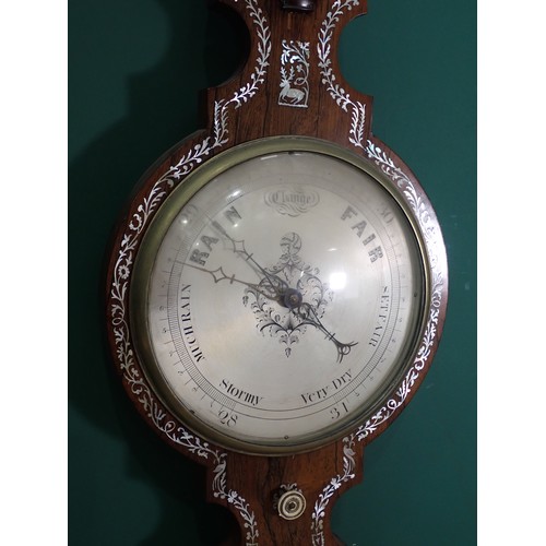 648 - A 19th Century rosewood and mother of pearl inlaid Wheel Barometer/Thermometer with swan-neck pedime... 