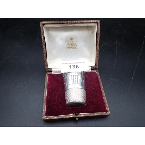 136 - An Elizabeth II silver 'Just a Thimblefull' Spirit Measure, Sheffield 1977, in Garrard & Co box