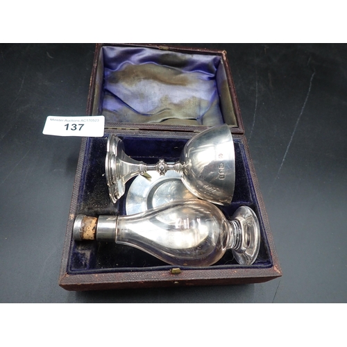 137 - An Edward VII silver Travelling Communion Chalice, London 1906, Paten, London 1929 and Flask, Birmin... 