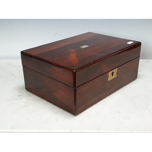 14 - A 19th Century rosewood Box (contents missing) with mother of pearl escutcheon and initials to the t... 