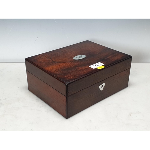 14 - A 19th Century rosewood Box (contents missing) with mother of pearl escutcheon and initials to the t... 