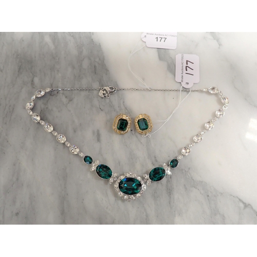 177 - A Swarovski Necklace set green and white crystal in original box and a pair of vintage rectangular c... 