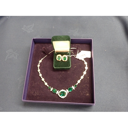 177 - A Swarovski Necklace set green and white crystal in original box and a pair of vintage rectangular c... 