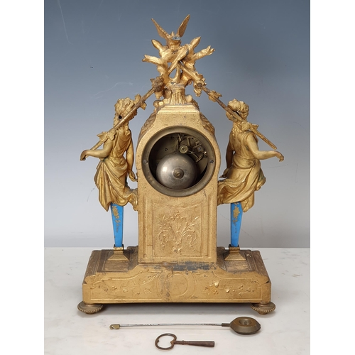 18 - A 19th Century French ormolu Mantel Clock with blue porcelain dial and panels, with figure and bird ... 