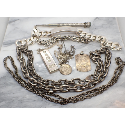 188 - A heavy chain Necklace stamped 925, two silver Ingot Pendants, various white metal Bracelets etc