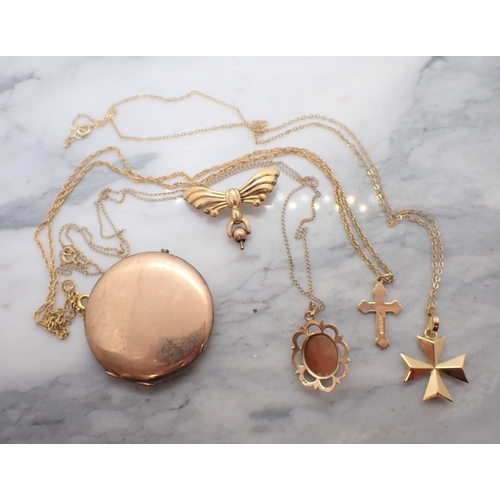 192 - A 9ct gold Pendant Cross, a carved shall Cameo Pendant on chain in 9ct gold, a gold Maltese Cross Pe... 