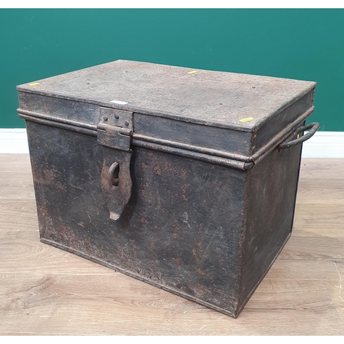 A Metal Strong Box with carrying handles and hinged cover, 1ft 11in w