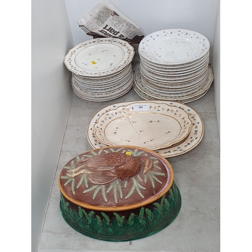 364 - A quantity of Derby Plates decorated floral sprigs, mostly A/F, and a majolica Game Tureen and Cover... 