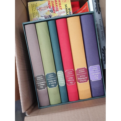 367 - Two boxes of Books including a set by Thomas Hardy, a quantity of Maps, etc