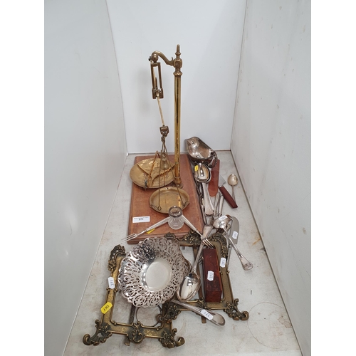 371 - A set of brass Balance Scales, plated items, a pair of brass Picture Frames and a Box containing Dic... 