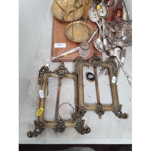 371 - A set of brass Balance Scales, plated items, a pair of brass Picture Frames and a Box containing Dic... 