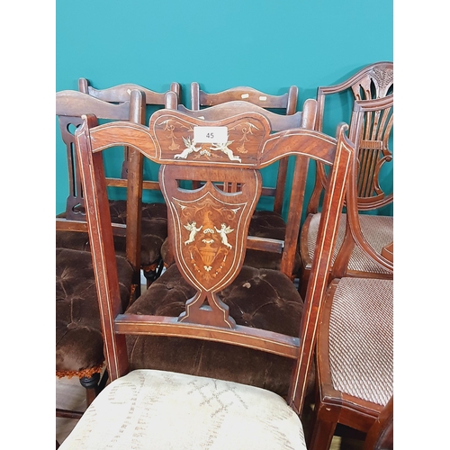 45 - A pair of inlaid decorated Chairs, a set of six shield back Dining Chairs with upholstered drop in s... 