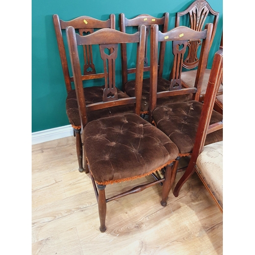 45 - A pair of inlaid decorated Chairs, a set of six shield back Dining Chairs with upholstered drop in s... 