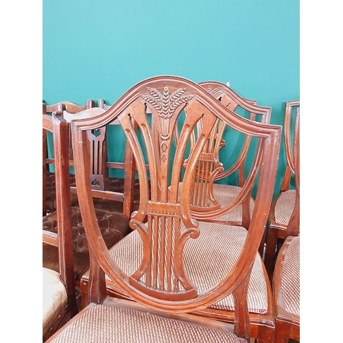 45 - A pair of inlaid decorated Chairs, a set of six shield back Dining Chairs with upholstered drop in s... 