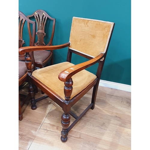 45 - A pair of inlaid decorated Chairs, a set of six shield back Dining Chairs with upholstered drop in s... 