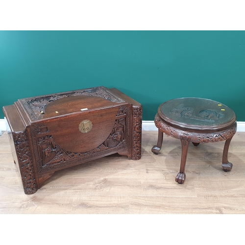 497 - A Chinese Camphor Wood Blanket Box with carved decoration 3ft Wide x 1ft 9