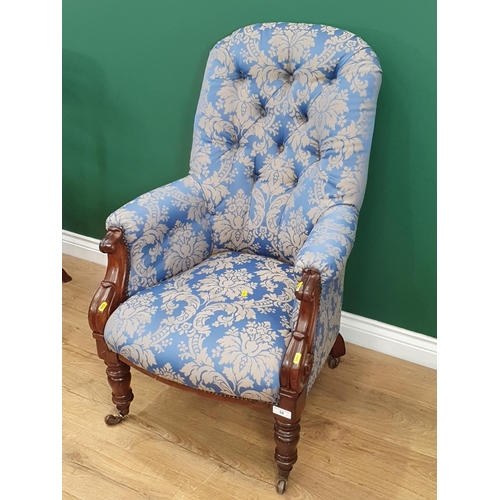 54 - A blue button back upholstered Nursing Chair, a pair of mahogany framed upholstered Chairs stamped 