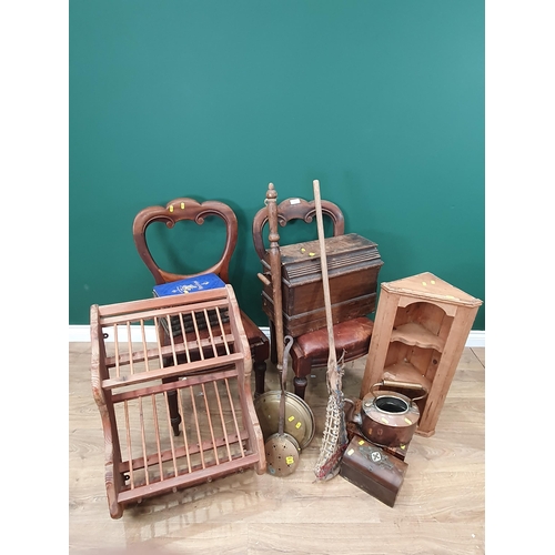 597 - A pair of mahogany Balloon back Chairs with drop in seats, a pine old penny Plate Rack, a set of sma... 