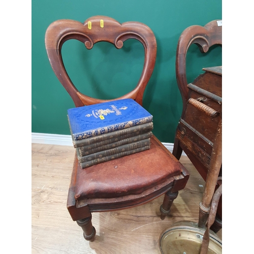 597 - A pair of mahogany Balloon back Chairs with drop in seats, a pine old penny Plate Rack, a set of sma... 