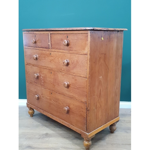 607 - A pine Chest of two short, three long Drawers on turned bun feet, 3ft 9