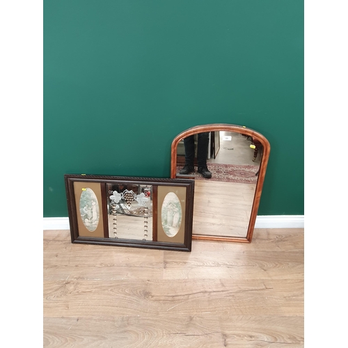 609 - A rectangular framed bevelled Wall Mirror flanked by oval prints of figures and an arched framed Wal... 