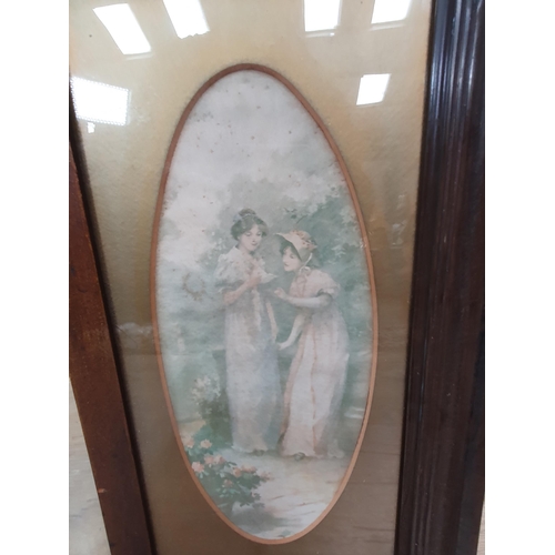 609 - A rectangular framed bevelled Wall Mirror flanked by oval prints of figures and an arched framed Wal... 