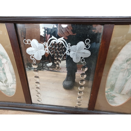 609 - A rectangular framed bevelled Wall Mirror flanked by oval prints of figures and an arched framed Wal... 