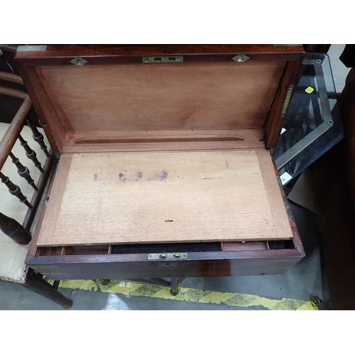 650 - A Victorian Mahogany and brass inlaid military writing slope, fitted secret drawers, 20in wide, 7in ... 