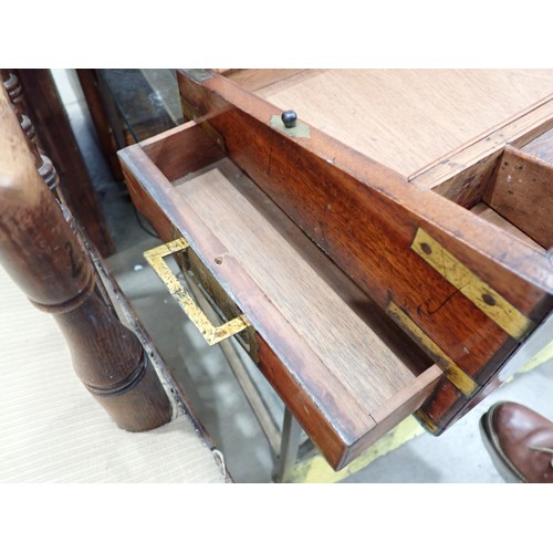 650 - A Victorian Mahogany and brass inlaid military writing slope, fitted secret drawers, 20in wide, 7in ... 