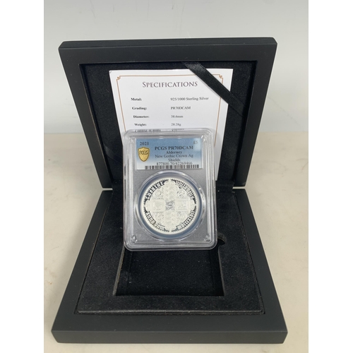 217 - Alderney 2021, silver New Gothic Crown in PCGS Slab, graded PR7OD CAM in fitted case with COA