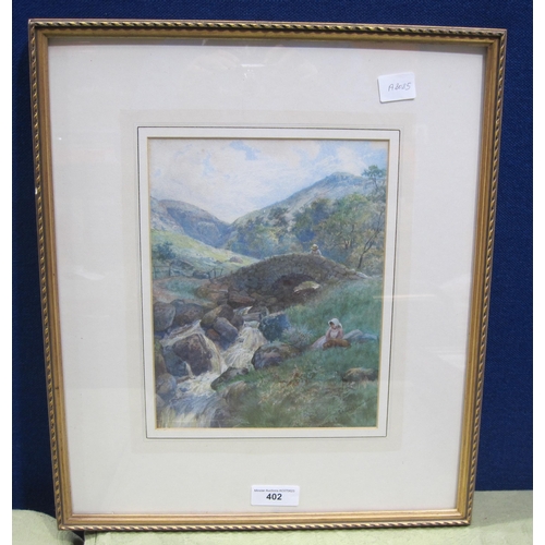 402 - GEORGE HILLYARD SWINSTEAD R.B.A. Figures resting by a rocky stream, signed, watercolour, 10½ x 6in. ... 