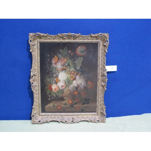 417 - KARNER. A still life of mixed flowers in an urn on a ledge, signed, oil on canvas, 18½ x 15in. Prove... 