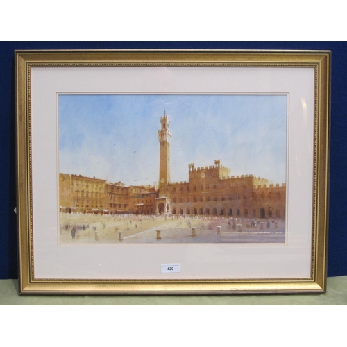 420 - GRENVILLE COTTINGHAM. Piazza del Campo, Siena, signed, watercolour heightened with white, 14 x 21 1/... 