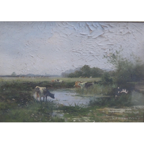 423 - F. DE. B. Cattle Grazing; and Cattle by a Pond, indistinctly signed, oil on canvas, 10 x 15in (one A... 