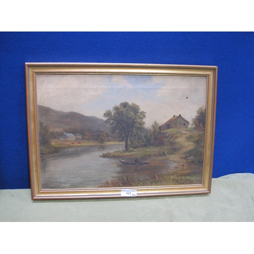 425 - M.S. MYLES A tranquil river landscape with a figure in a boat, and houses beyond, signed, oil on can... 