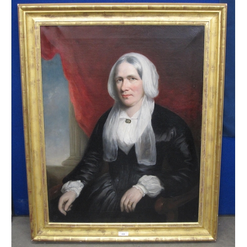 438 - THOMAS ELLERBY. Portrait of Mrs Isherwood, seated half-length, wearing a black dress and white head-... 