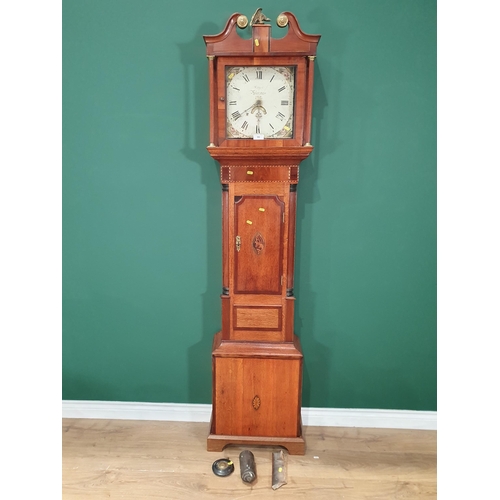 448 - A 19th Century oak Longcase Clock, crossbanded in mahogany with shell inlay, having painted square d... 