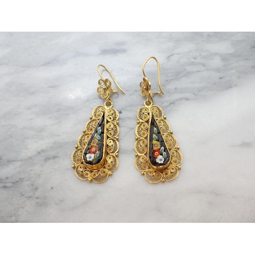 159 - A pair of Micro Mosaic and Filigree Ear Pendants each with drop depicting flowers in ornate frame on... 