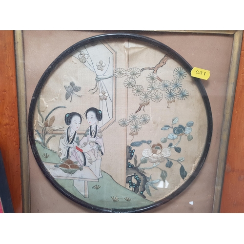 224 - A circular aneroid Barometer, a mahogany Box and cover and  an Oriental embroidery on silk, figures ... 