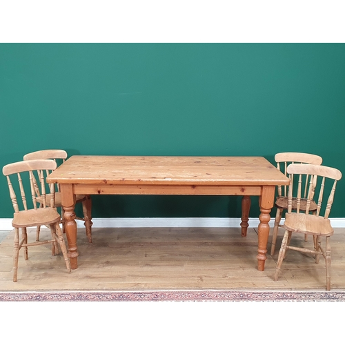 26 - A modern pine Kitchen Table on turned supports, 6ft Long x 3ft Wide x 2ft 7