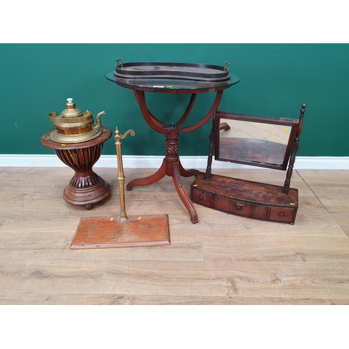 29 - A mahogany Dressing Mirror, a kidney shaped Tray, a brass Kettle on turned and inlaid wooden stand, ... 