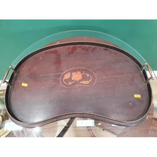 29 - A mahogany Dressing Mirror, a kidney shaped Tray, a brass Kettle on turned and inlaid wooden stand, ... 