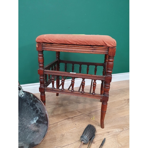 296 - A mahogany framed pink upholstered Stool on turned supports and spindles, and a copper Coal Bucket.