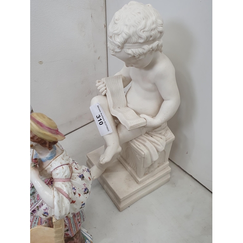 310 - A Parian style Figure of a child reading, a pair of Continental Figures of a Lady and Gentleman, and... 