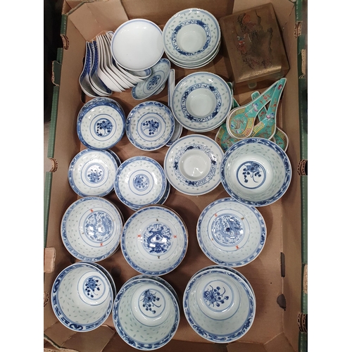 320 - A quantity of Chinese Saki Bowls, Portmeirion Plates, a Royal Worcester Evesham Tureen