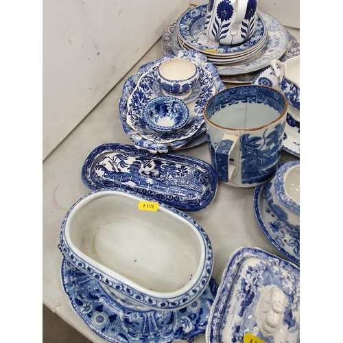 323 - A quantity of blue and white China including Plates, Mug, Sauce Tureens, etc, and various Plates, a ... 