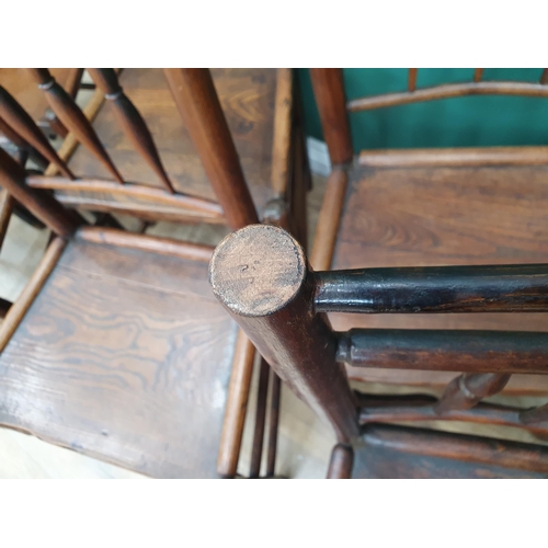 33 - Six antique spindle back oak and elm Dining Chairs with turned front stretchers, and a small mahogan... 