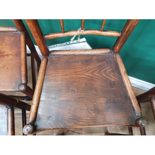 33 - Six antique spindle back oak and elm Dining Chairs with turned front stretchers, and a small mahogan... 